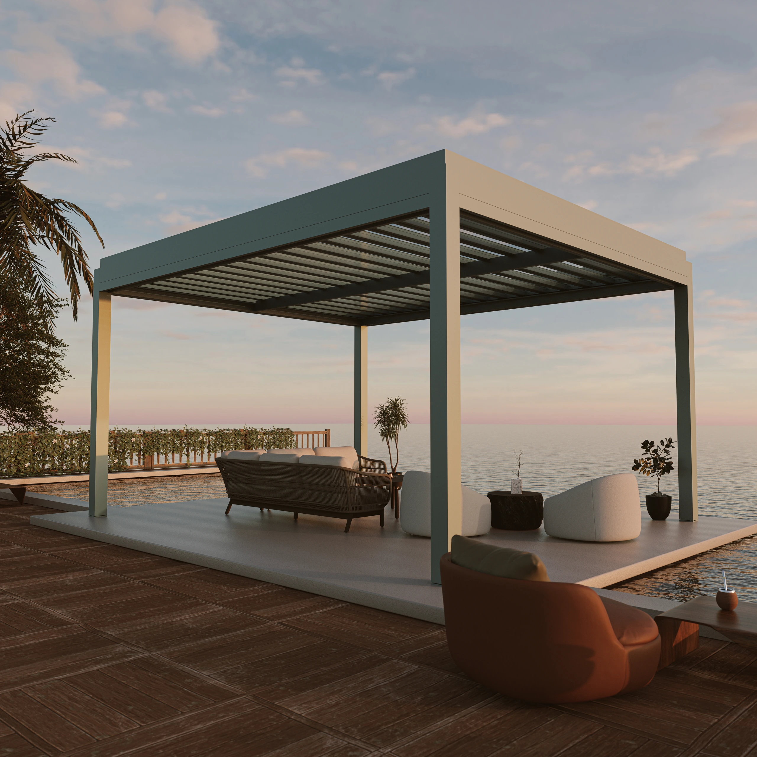 Photorealistic renderings of pergolas and outdoor structures